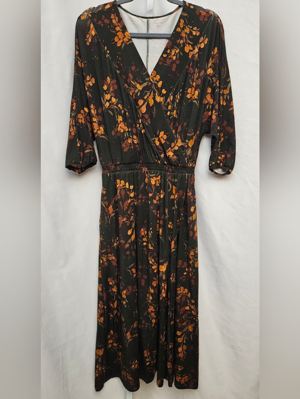 Garnet Hill Dark Green Midi Dress with Mustard Floral